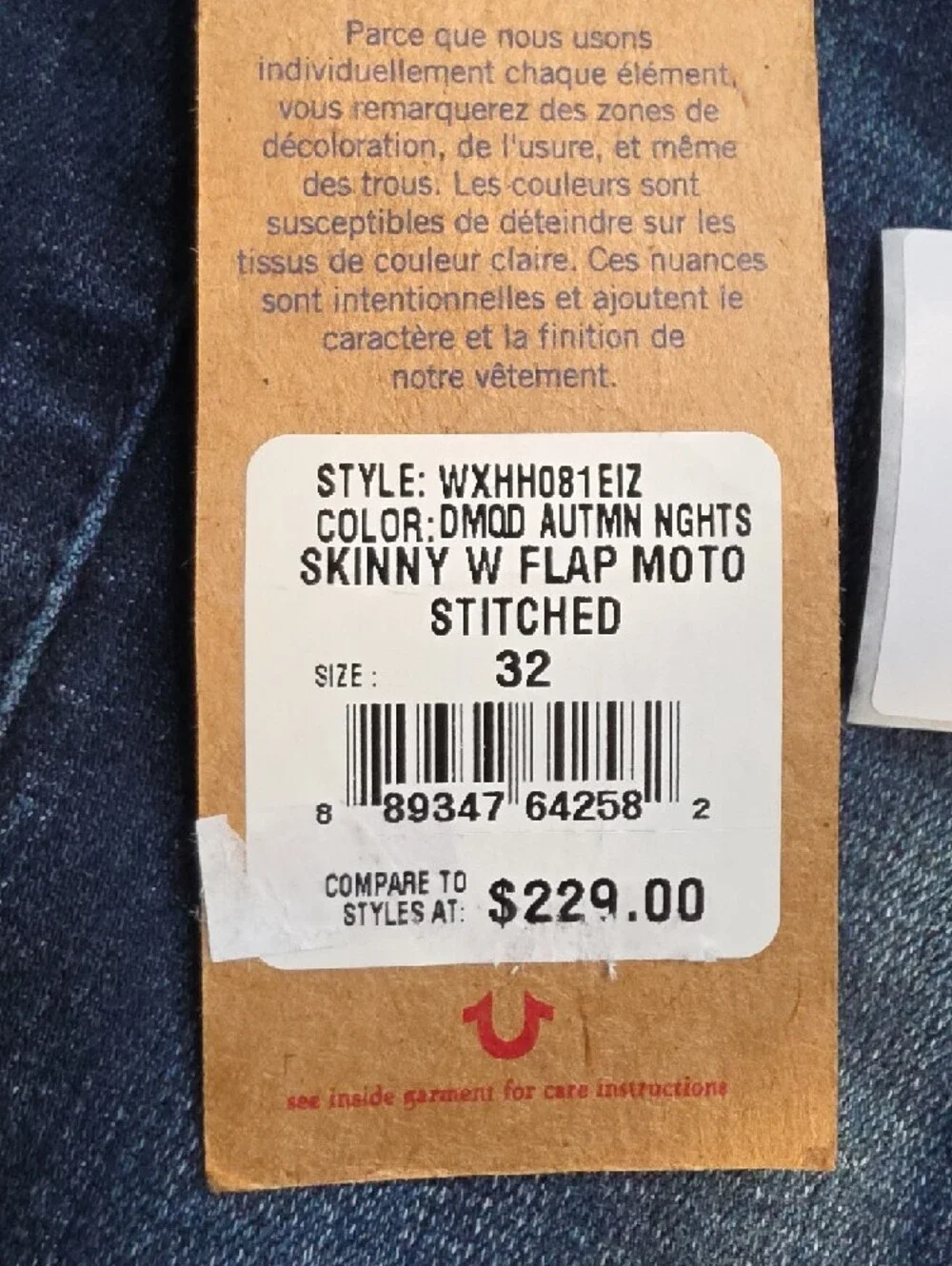 True Religion Men's Dark Indigo Moto Skinny Jeans Size 32‎ NWT